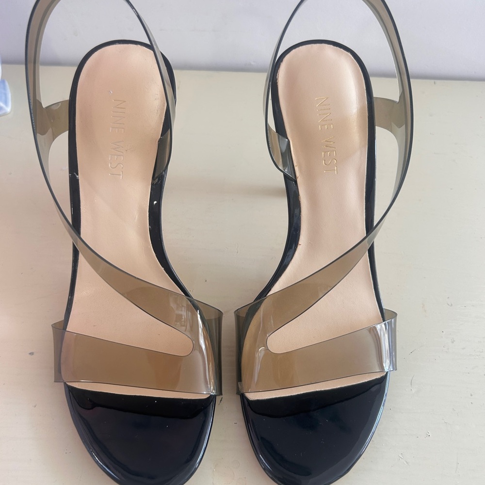 Nine West Black Patent and Smoky Clear Strap Heels